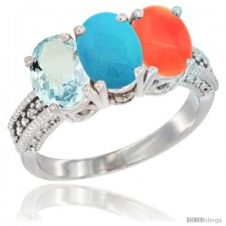 14K White Gold Natural Aquamarine, Turquoise & Coral Ring 3-Stone Oval 7x5 mm Diamond Accent