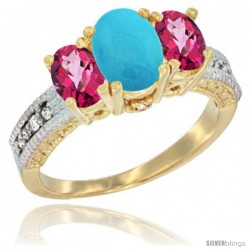 10K Yellow Gold Ladies Oval Natural Turquoise 3-Stone Ring with Pink Topaz Sides Diamond Accent