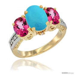 10K Yellow Gold Ladies 3-Stone Oval Natural Turquoise Ring with Pink Topaz Sides Diamond Accent