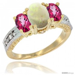 10K Yellow Gold Ladies Oval Natural Opal 3-Stone Ring with Pink Topaz Sides Diamond Accent