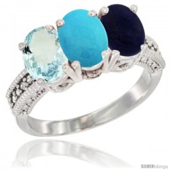 14K White Gold Natural Aquamarine, Turquoise & Lapis Ring 3-Stone Oval 7x5 mm Diamond Accent