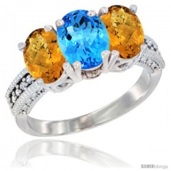 10K White Gold Natural Swiss Blue Topaz & Whisky Quartz Sides Ring 3-Stone Oval 7x5 mm Diamond Accent