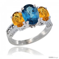 10K White Gold Ladies Natural London Blue Topaz Oval 3 Stone Ring with Whisky Quartz Sides Diamond Accent