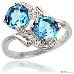 14k White Gold ( 7 mm ) Double Stone Engagement Swiss Blue Topaz Ring w/ 0.05 Carat Brilliant Cut Diamonds & 2.34 Carats Round