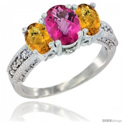 10K White Gold Ladies Oval Natural Pink Topaz 3-Stone Ring with Whisky Quartz Sides Diamond Accent