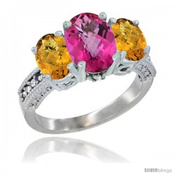 10K White Gold Ladies Natural Pink Topaz Oval 3 Stone Ring with Whisky Quartz Sides Diamond Accent