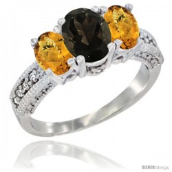 10K White Gold Ladies Oval Natural Smoky Topaz 3-Stone Ring with Whisky Quartz Sides Diamond Accent