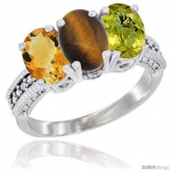 14K White Gold Natural Citrine, Tiger Eye & Lemon Quartz Ring 3-Stone 7x5 mm Oval Diamond Accent