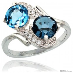 14k White Gold ( 7 mm ) Double Stone Engagement Swiss & London Blue Topaz Ring w/ 0.05 Carat Brilliant Cut Diamonds & 2.34