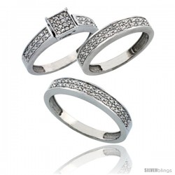 10k White Gold 3-Piece Trio His (4mm) & Hers (4mm) Diamond Wedding Band Set, w/ 0.34 Carat Brilliant Cut Diamonds