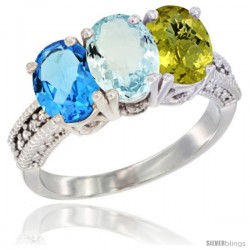 14K White Gold Natural Swiss Blue Topaz, Aquamarine & Lemon Quartz Ring 3-Stone 7x5 mm Oval Diamond Accent