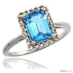 14k White Gold Diamond Swiss Blue Topaz Ring 1.6 ct Emerald Shape 8x6 mm, 1/2 in wide