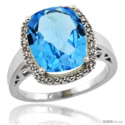 14k White Gold Diamond Swiss Blue Topaz Ring 5.17 ct Checkerboard Cut Cushion 12x10 mm, 1/2 in wide