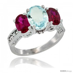 10K White Gold Ladies Natural Aquamarine Oval 3 Stone Ring with Ruby Sides Diamond Accent