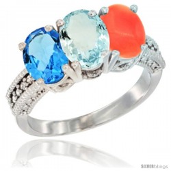 14K White Gold Natural Swiss Blue Topaz, Aquamarine & Coral Ring 3-Stone 7x5 mm Oval Diamond Accent