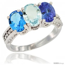 14K White Gold Natural Swiss Blue Topaz, Aquamarine & Tanzanite Ring 3-Stone 7x5 mm Oval Diamond Accent