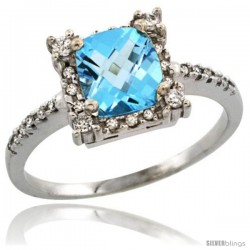 14k White Gold Diamond Halo Swiss Blue Topaz Ring 1.2 ct Checkerboard Cut Cushion 6 mm, 11/32 in wide