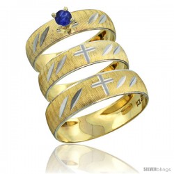 10k Gold 3-Piece Trio Blue Sapphire Wedding Ring Set Him & Her 0.10 ct Rhodium Accent Diamond-cut Pattern -Style 10y504w3