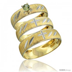 10k Gold 3-Piece Trio Green Sapphire Wedding Ring Set Him & Her 0.10 ct Rhodium Accent Diamond-cut Pattern -Style 10y504w3