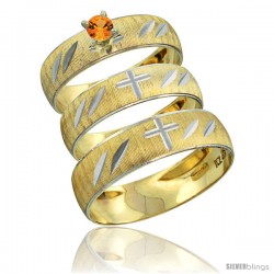 10k Gold 3-Piece Trio Orange Sapphire Wedding Ring Set Him & Her 0.10 ct Rhodium Accent Diamond-cut Pattern -Style 10y504w3