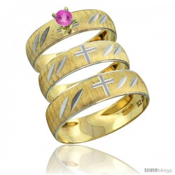 10k Gold 3-Piece Trio Pink Sapphire Wedding Ring Set Him & Her 0.10 ct Rhodium Accent Diamond-cut Pattern -Style 10y504w3