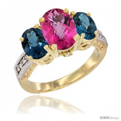 14K Yellow Gold Ladies 3-Stone Oval Natural Pink Topaz Ring with London Blue Topaz Sides Diamond Accent