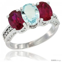 10K White Gold Natural Aquamarine & Ruby Sides Ring 3-Stone Oval 7x5 mm Diamond Accent