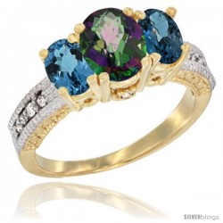 14k Yellow Gold Ladies Oval Natural Mystic Topaz 3-Stone Ring with London Blue Topaz Sides Diamond Accent