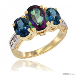 14K Yellow Gold Ladies 3-Stone Oval Natural Mystic Topaz Ring with London Blue Topaz Sides Diamond Accent