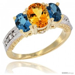 14k Yellow Gold Ladies Oval Natural Citrine 3-Stone Ring with London Blue Topaz Sides Diamond Accent