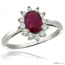 10k White Gold Diamond Halo Ruby Ring 0.85 ct Oval Stone 7x5 mm, 1/2 in wide