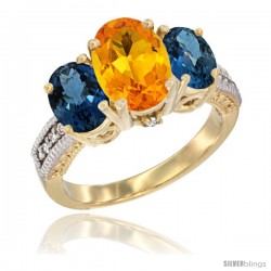 14K Yellow Gold Ladies 3-Stone Oval Natural Citrine Ring with London Blue Topaz Sides Diamond Accent