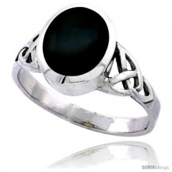 Sterling Silver Celtic Triquetra Trinity Knot Ring with Oval Black Onyx Stone 7/16 in wide