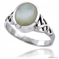 Sterling Silver Celtic Triquetra Trinity Knot Ring with Oval Mother of Pearl 7/16 in wide