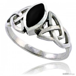 Sterling Silver Celtic Triquetra Trinity Knot Ring with Navette Black Onyx Stone, 1/2 in wide