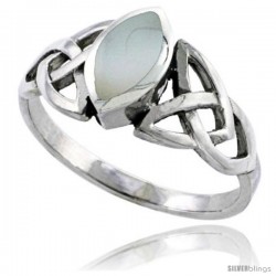 Sterling Silver Celtic Triquetra Trinity Knot Ring with Navette Mother of Pearl, 1/2 in wide