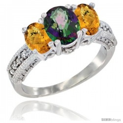 10K White Gold Ladies Oval Natural Mystic Topaz 3-Stone Ring with Whisky Quartz Sides Diamond Accent