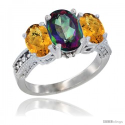 10K White Gold Ladies Natural Mystic Topaz Oval 3 Stone Ring with Whisky Quartz Sides Diamond Accent