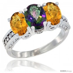 10K White Gold Natural Mystic Topaz & Whisky Quartz Sides Ring 3-Stone Oval 7x5 mm Diamond Accent