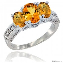 10K White Gold Ladies Oval Natural Citrine 3-Stone Ring with Whisky Quartz Sides Diamond Accent