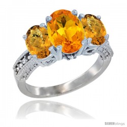 10K White Gold Ladies Natural Citrine Oval 3 Stone Ring with Whisky Quartz Sides Diamond Accent