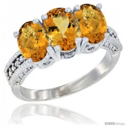 10K White Gold Natural Citrine & Whisky Quartz Sides Ring 3-Stone Oval 7x5 mm Diamond Accent