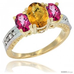 10K Yellow Gold Ladies Oval Natural Whisky Quartz 3-Stone Ring with Pink Topaz Sides Diamond Accent