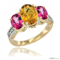 10K Yellow Gold Ladies 3-Stone Oval Natural Whisky Quartz Ring with Pink Topaz Sides Diamond Accent