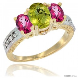 10K Yellow Gold Ladies Oval Natural Lemon Quartz 3-Stone Ring with Pink Topaz Sides Diamond Accent