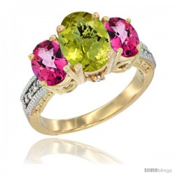 10K Yellow Gold Ladies 3-Stone Oval Natural Lemon Quartz Ring with Pink Topaz Sides Diamond Accent