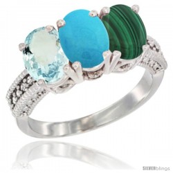 14K White Gold Natural Aquamarine, Turquoise & Malachite Ring 3-Stone Oval 7x5 mm Diamond Accent