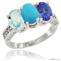 14K White Gold Natural Aquamarine, Turquoise & Tanzanite Ring 3-Stone Oval 7x5 mm Diamond Accent