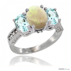 14K White Gold Ladies 3-Stone Oval Natural Opal Ring with Aquamarine Sides Diamond Accent