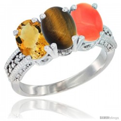 14K White Gold Natural Citrine, Tiger Eye & Coral Ring 3-Stone 7x5 mm Oval Diamond Accent